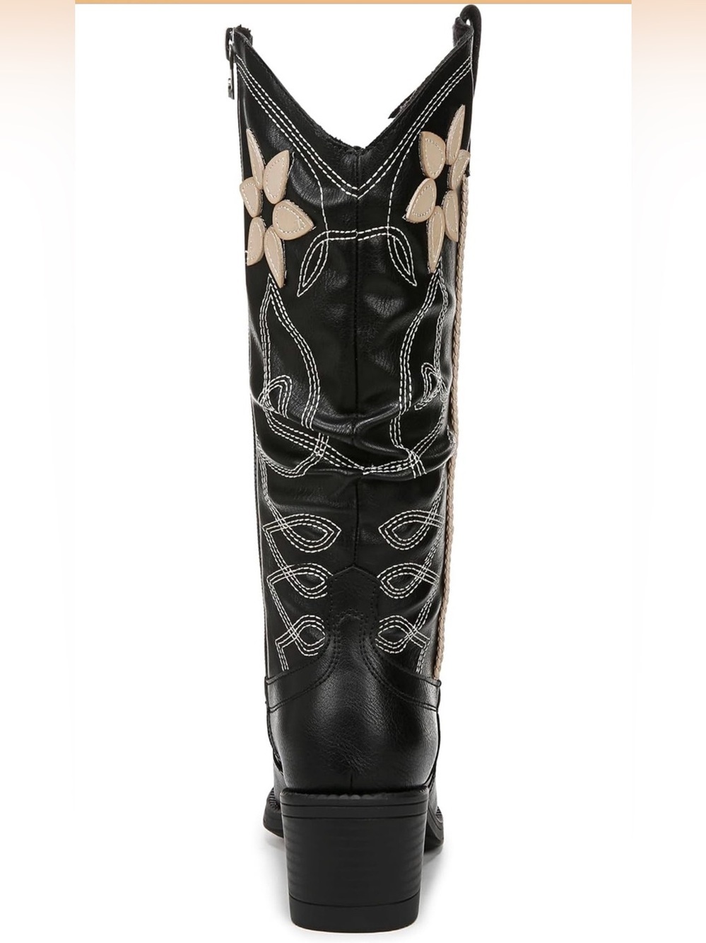 Black Western Knee-High Boots with Cream Floral Appliqué - Picture 5 of 15